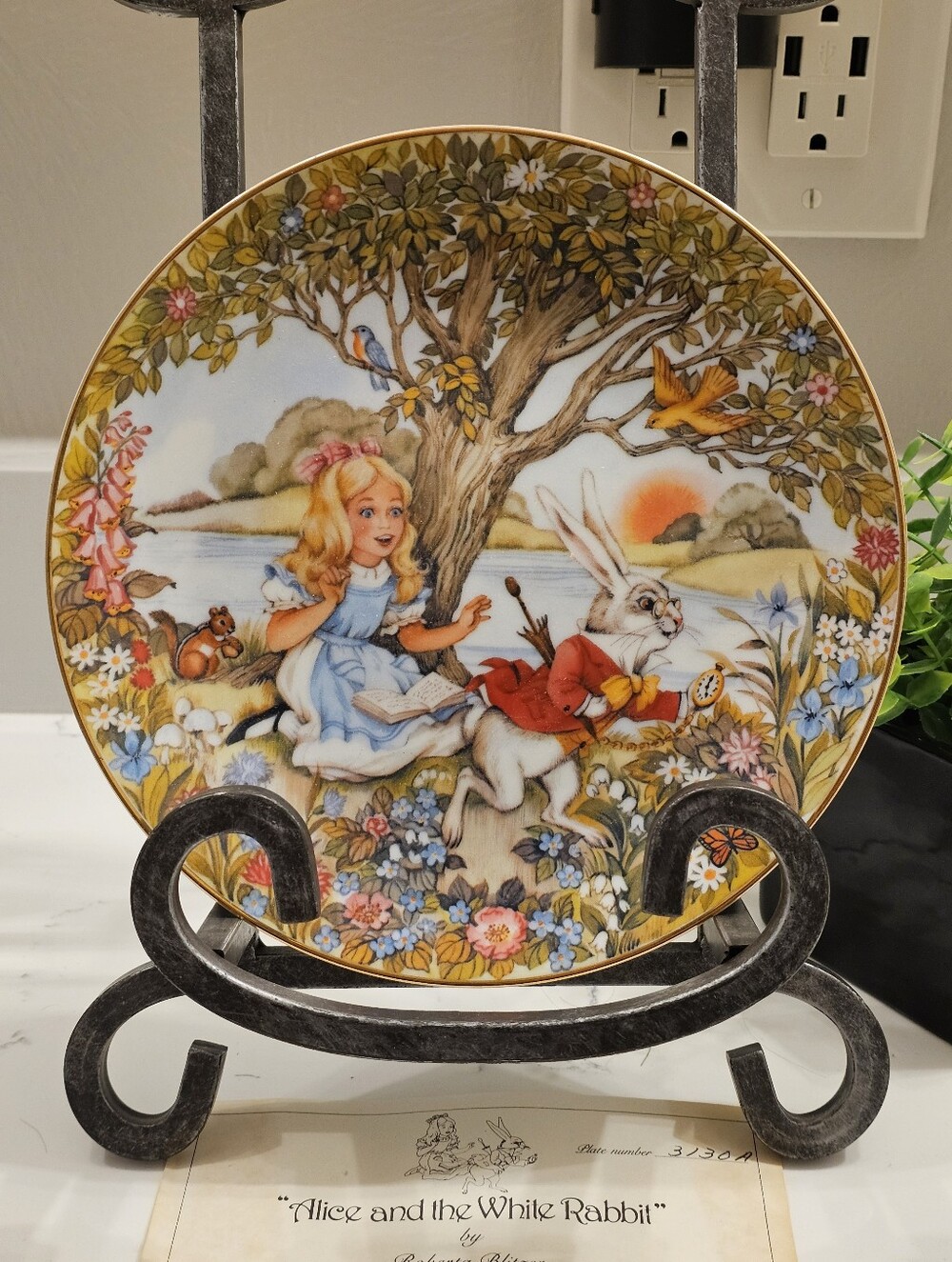 Alice and the White Rabbit Decorative Plate - Multicolor Floral Scene